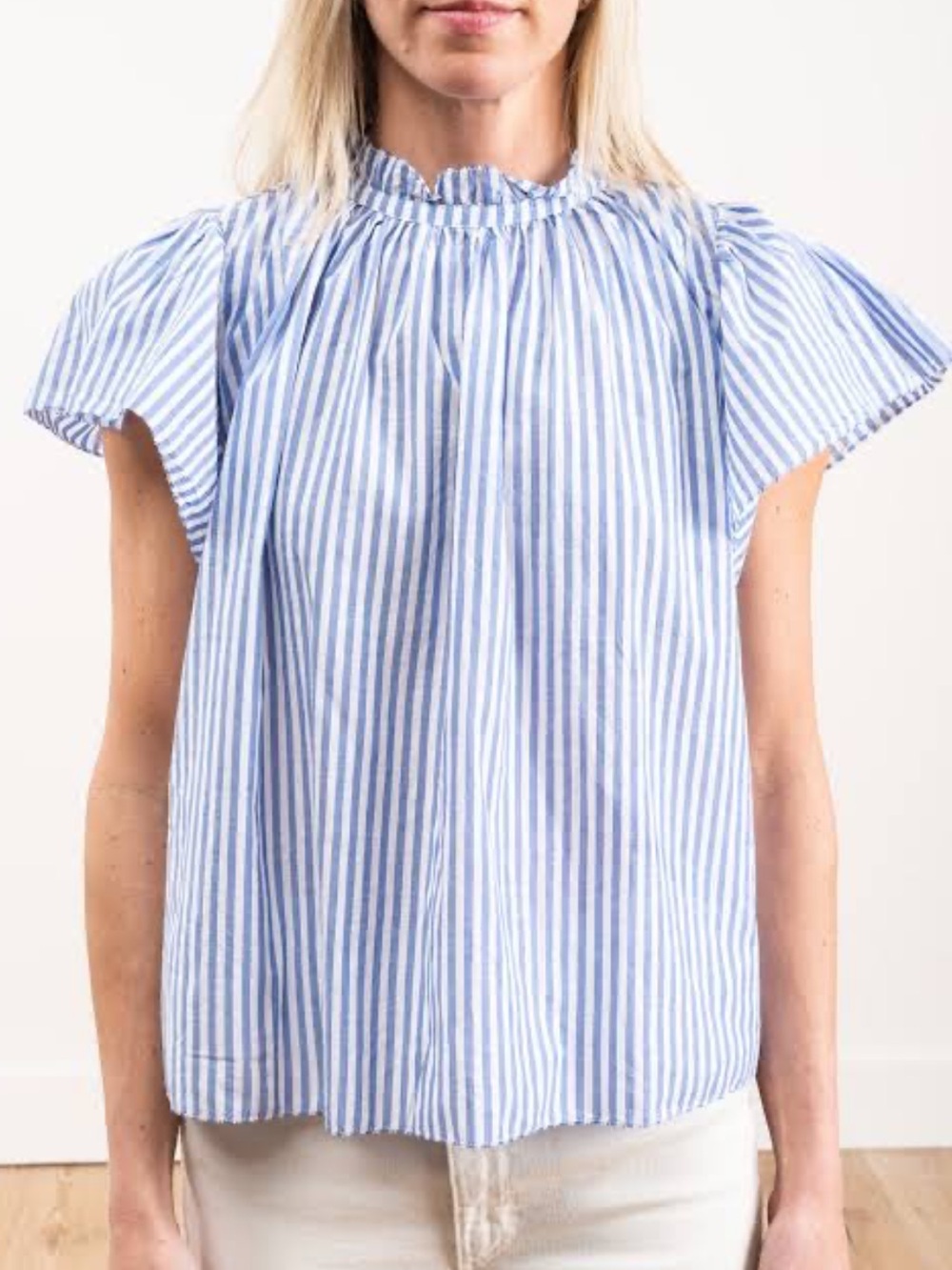 Trovata birds of paradis Carla high neck blouse blue and White Striped top